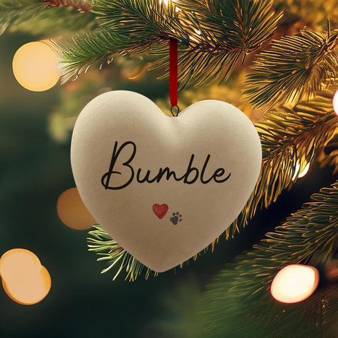 A Personalised Paw Print & Heart Ceramic Heart Bauble